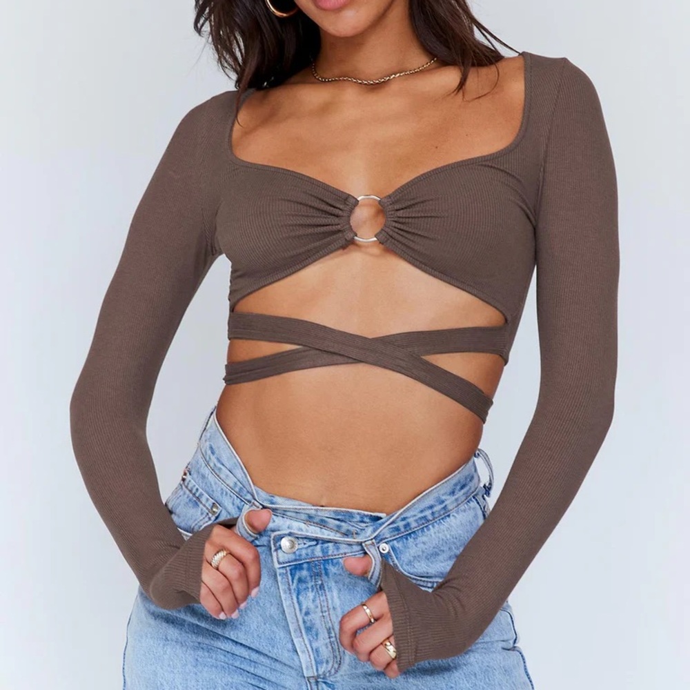 Princess Polly Long Sleeve Brown Top Size 2